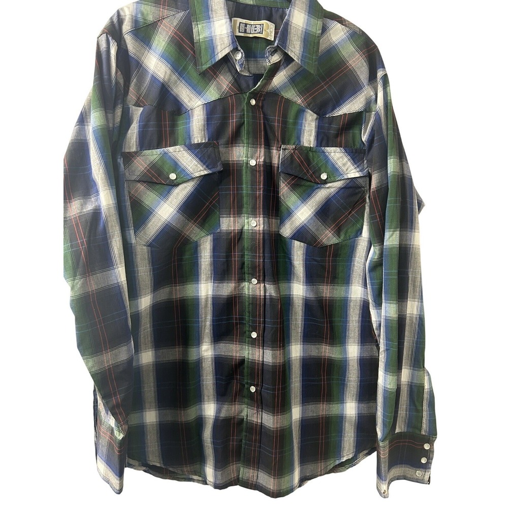 HB Company Mens Western Snap Shirt Large Blue Green Plaid Long Sleeve Pearl Snap